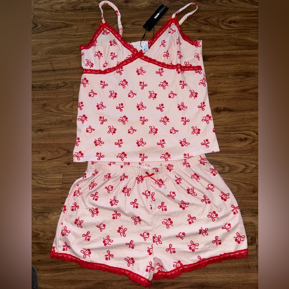 Fashion Nova Pink Pajama Set with Red Cherry Bow Print